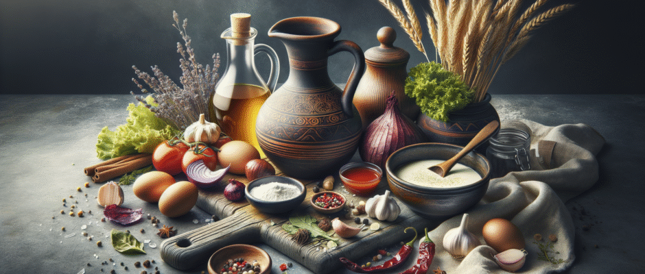 Tradycyjne potrawy z Podkarpacia, w tym pierogi rzeszowskie i kwaśnica, na tle lokalnych krajobrazów, podkreślające kulinarne dziedzictwo regionu.