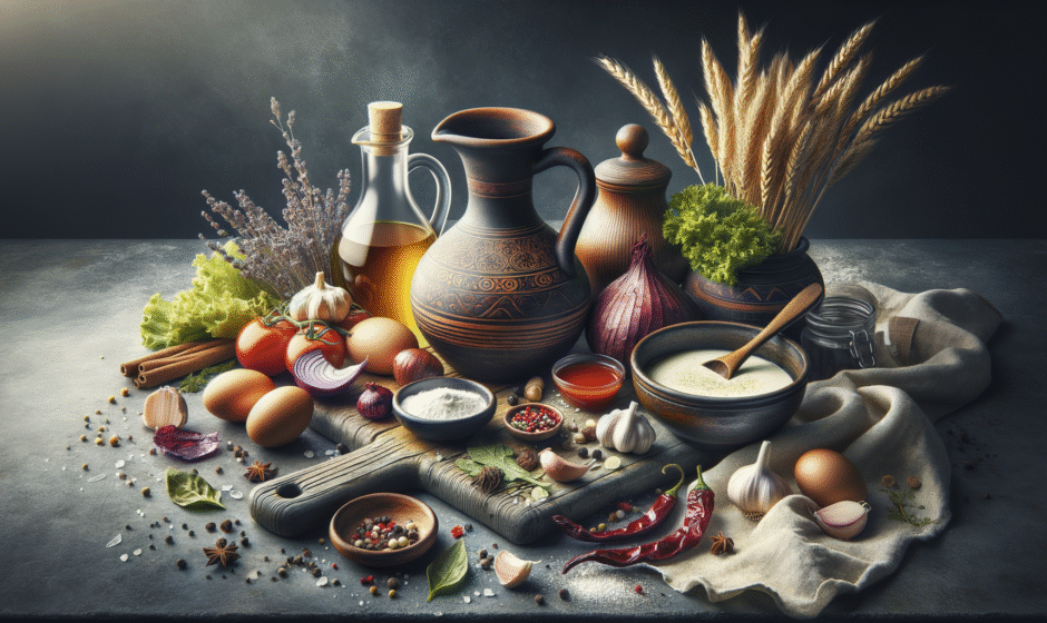 Tradycyjne potrawy z Podkarpacia, w tym pierogi rzeszowskie i kwaśnica, na tle lokalnych krajobrazów, podkreślające kulinarne dziedzictwo regionu.