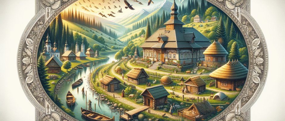 Malowniczy krajobraz Podkarpacia z widokiem na Bieszczady, tradycyjne drewniane chałupy w Ustrzykach Dolnych, symbol turystyki i kultury regionu.