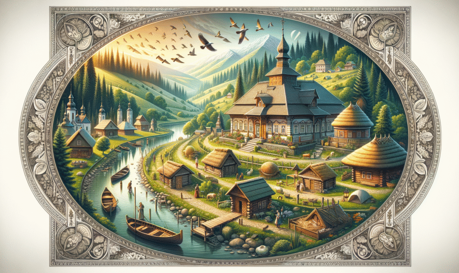 Malowniczy krajobraz Podkarpacia z widokiem na Bieszczady, tradycyjne drewniane chałupy w Ustrzykach Dolnych, symbol turystyki i kultury regionu.